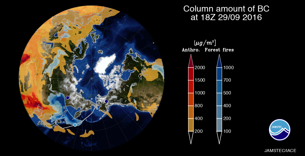 Vertical column amounts of BC on September 29, 2016 estimated using numeric modelling