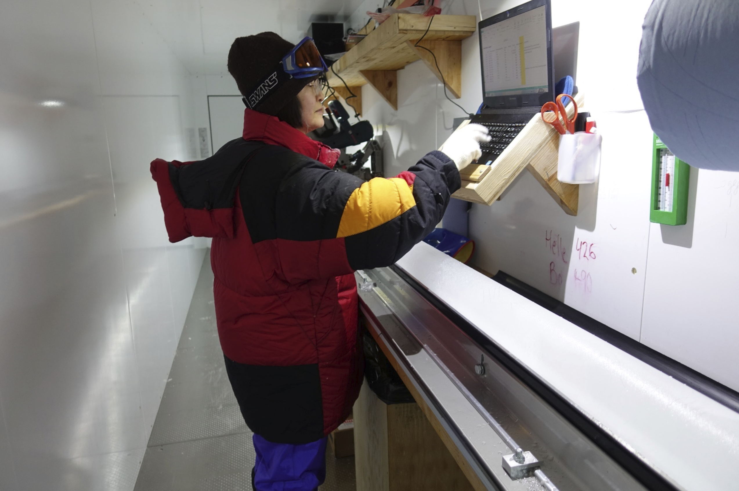 Figure 2: On site analysis of the ice core drilled at the East Greenland Ice drilling Project (EGRIP) field station on the Greenland Ice Sheet.