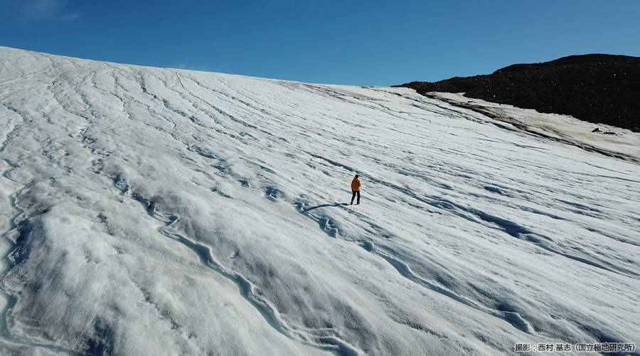 氷河表面には水流とクリオコナイトが分布している
