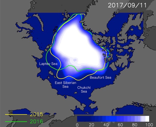 Figure１：Predicted sea ice cover on September 11, 2017.