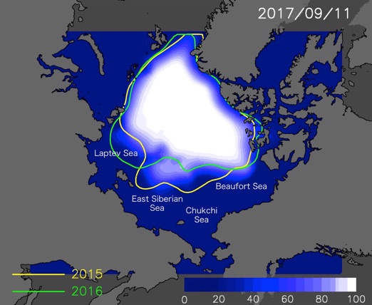 Figure１：Predicted sea ice cover on September 11, 2017.