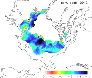 Figure 3. Correlation coefficient between the days of open water during May 1 to September 10 and ice concentration on a specific day after October 1.