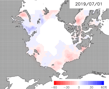 予測された海氷密接度の平年値らの偏差