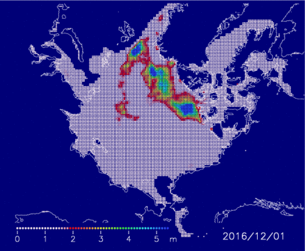 Figure 7：Distribution of particles for July 20, 2017, which are first arrayed over the ice-covered area on December 1, 2016 and are moved based on the satellite-derived daily-ice velocity.
