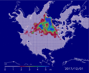 Animation of distributed particles’ movements during December 1, 2017 through April 30, 2018. The color bar indicates the thickness of the ice on December 1, 2017.