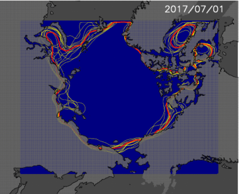 Figure 4：Animation of the ice edge (30% of ice concentration) for 2003-2016 (yellow contours) and 2017 (predicted: red contour).