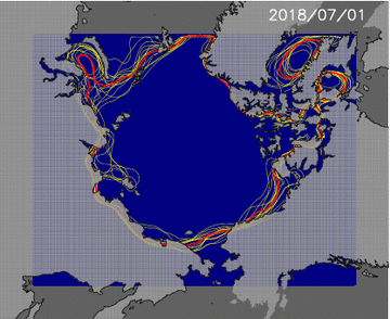 2Animation of the ice edge (30% of ice concentration) for 2003-2017 (yellow contours) and 2018 (predicted: red contour)