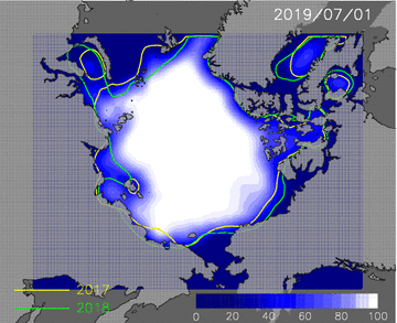 Animation of predicted Arctic ice extent from the July 1 to the September 30