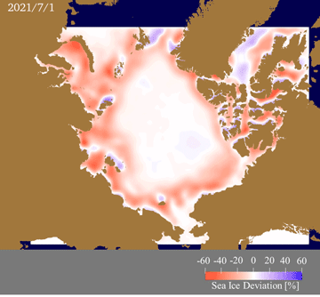 Animation of the daily anomaly of the predicted ice concentration from 2003-2020 mean. 