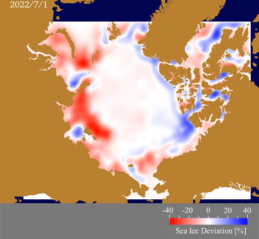 Animation of the daily anomaly of the predicted ice concentration from 2003-2021 mean. Red color shows the area of faster ice retreat. Blue shows the area of slower ice retreat.
