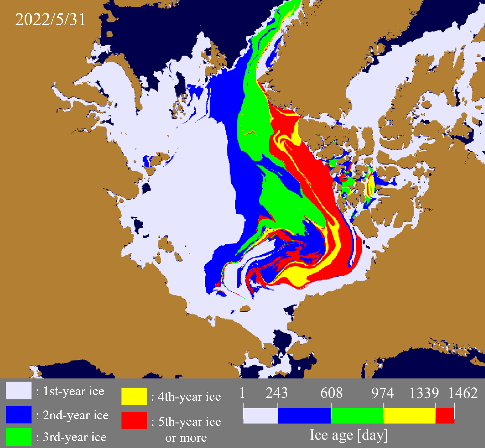 Sea ice age distribution on May 31, 2022.