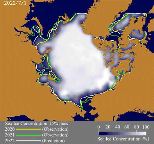 Animation of predicted Arctic sea ice extent from the July 1 to the September 20