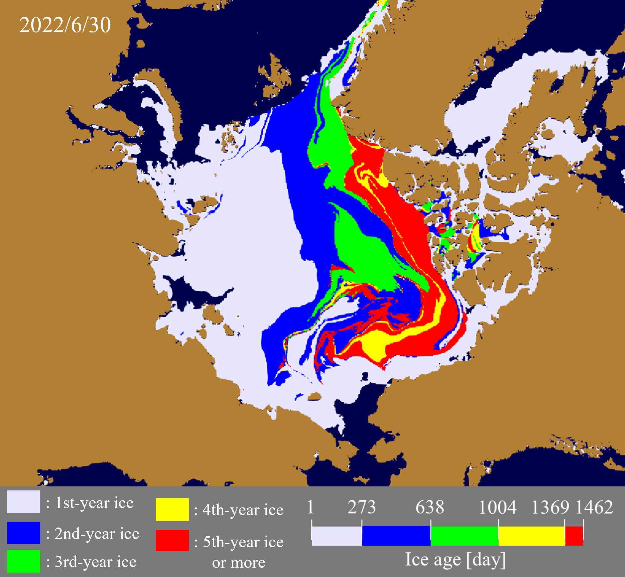 Sea ice age distribution on June 30, 2022