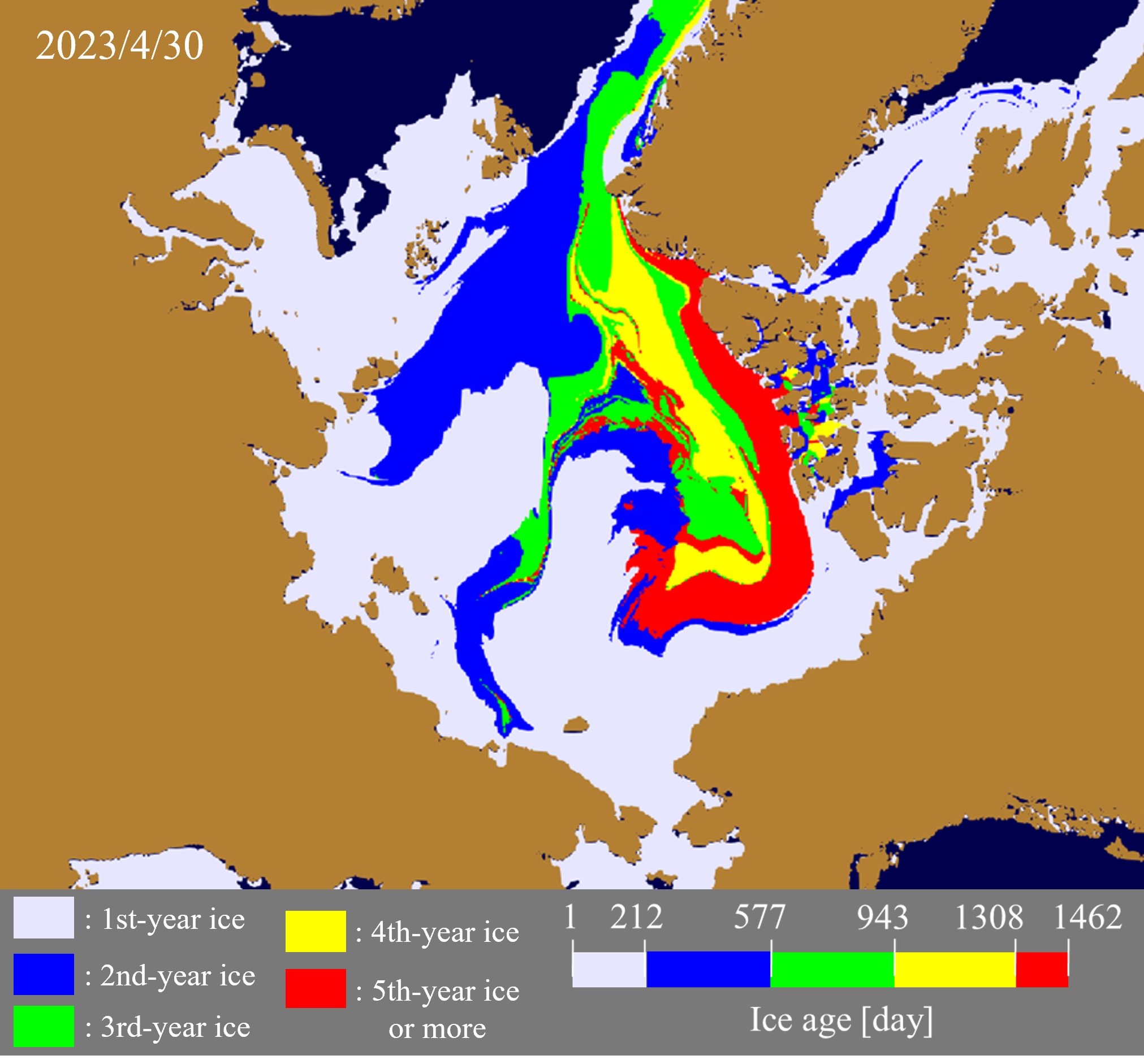 Sea ice age distribution on April 30, 2023.