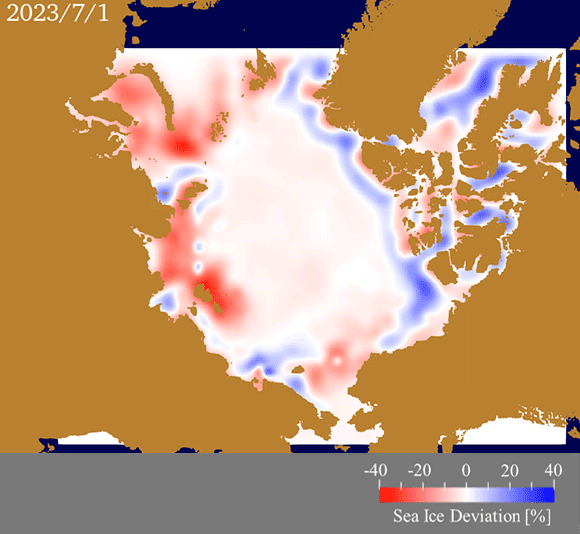 Animation of the daily anomaly of the predicted ice concentration from 2003-2022 mean. Red color shows the area of faster ice retreat. Blue shows the area of slower ice retreat.