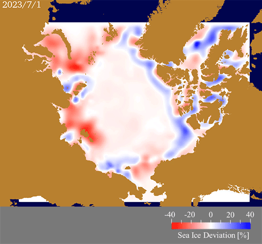 Animation of the daily anomaly of the predicted ice concentration from 2003-2022 mean. Red color shows the area of faster ice retreat. Blue shows the area of slower ice retreat.