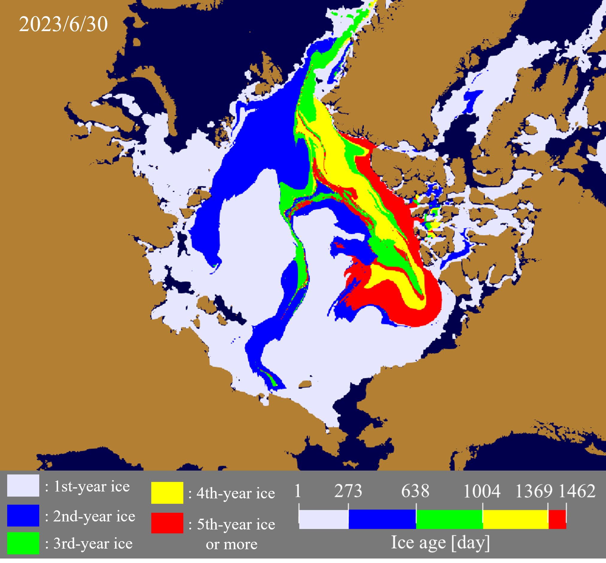 Sea ice age distribution on June 30, 2023