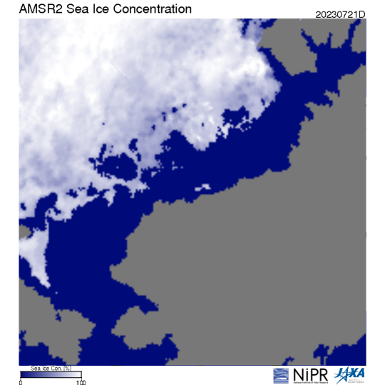 Sea ice concentration around Alaska and Canada on July 21, 2023