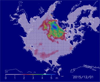 2014年12月1日の海氷域上に等間隔に配置した粒子の2015年4月30日までの動きのアニメーション