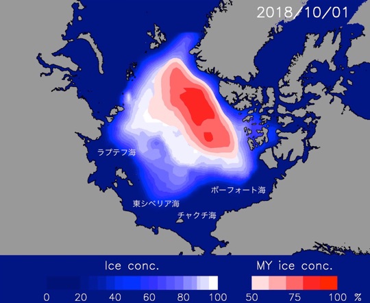 今年10月1日の海氷および多年氷分布予測図
