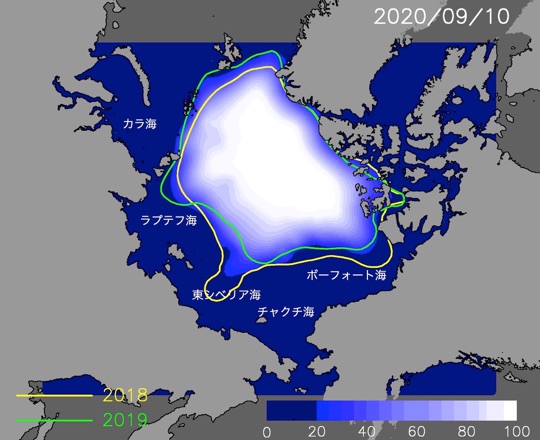 今年9月10日の海氷分布予測図。色は海氷密接度単位は％