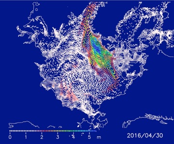 2015年12月1日の海氷域上に等間隔に配置した粒子の2016年4月30日の分布