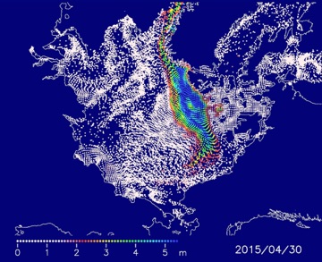 2014年12月1日の海氷域上に等間隔に配置した粒子の2015年4月30日の分布