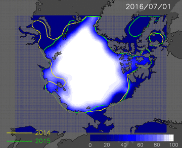 8月1日から11月1日までの予測海氷分布のアニメーション