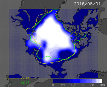 8月1日から11月1日まで予測海氷分布のアニメーション