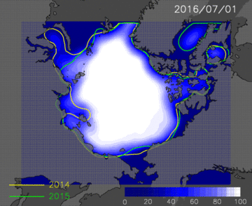 7月1日から11月1日までの予測海氷分布のアニメーション