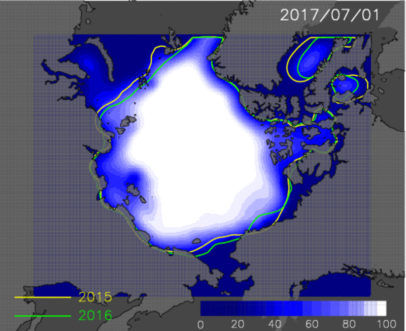 7月1日から9月30日までの海氷分布予測値のアニメーション