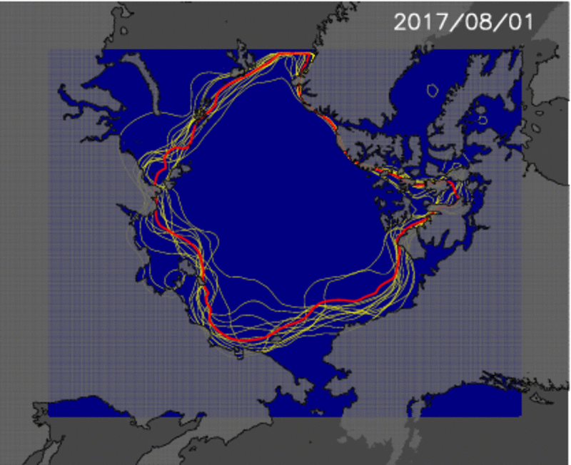 2003年から2016年までの海氷分布と今年の海氷分布の8月1日から9月15日までの変化