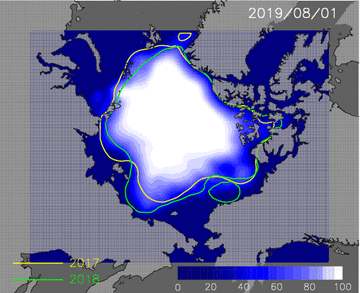 8月1日から9月30日までの海氷分布予測値