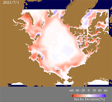 予測された海氷密接度の平年値からの偏差