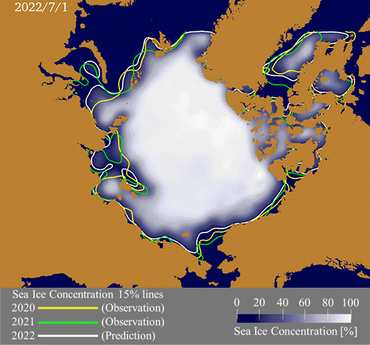 7月1日から9月20日までの海氷分布予測値のアニメーション。