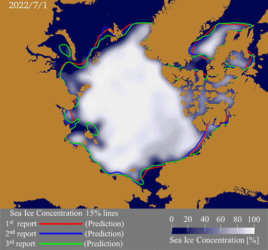 7月1日から8月31までの海氷分布の観測値と予測値のアニメーション。