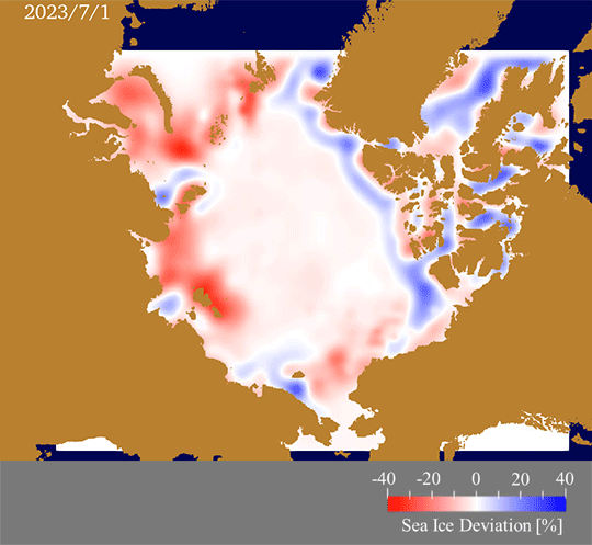 予測された海氷密接度の平年値からの偏差