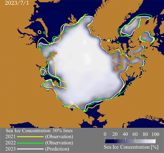 7月1日から9月20日までの海氷分布予測値のアニメーション。