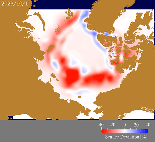 予測された海氷密接度の平年値（2003-2022年の平均値）からの偏差。