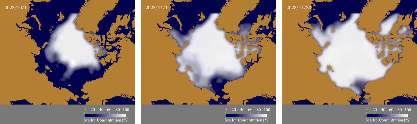 10月1日、11月1日、11月30日の予測海氷分布。