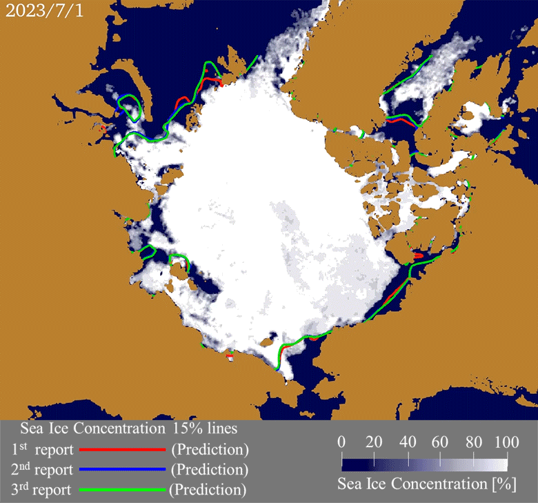 7月1日から9月30までの海氷分布の観測値と予測値のアニメーション。